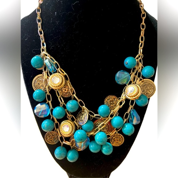 Vintage Turquoise and Aqua Beaded Gold-Tone Coin Triple Layer Women’s Necklace - Picture 1 of 2